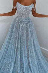 Elegant Sky Blue Tulle A-line Long Prom Dress with Beading-27dress