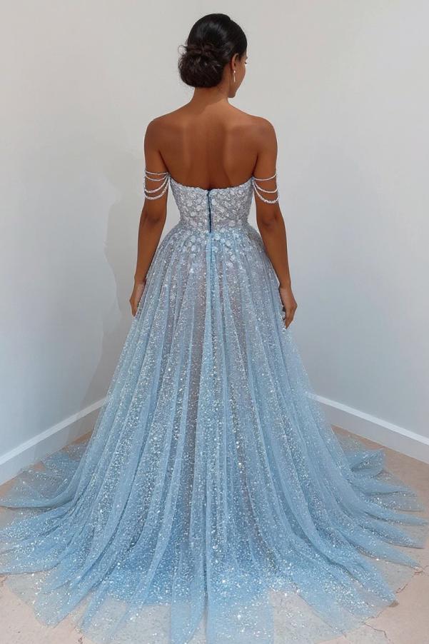 light blue beading tulle prom dress Light Blue Prom Dresses With Pearls Beaded Rhinestones Tulle Ruffles Two Piece Prom Dress