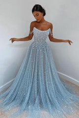 Elegant Sky Blue Tulle A-line Long Prom Dress with Beading-27dress