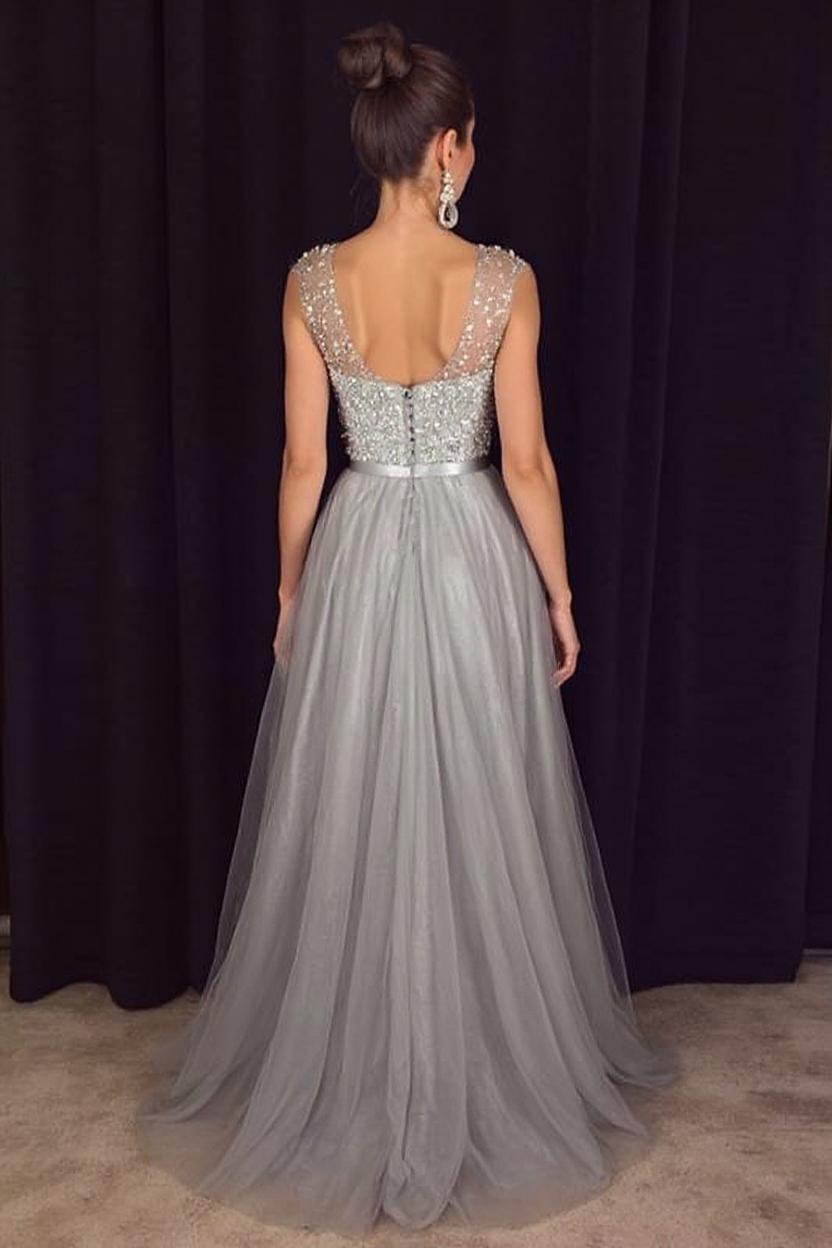 Elegant Sleeveless A-line Tulle Sequined Long Formal Dress-27dress