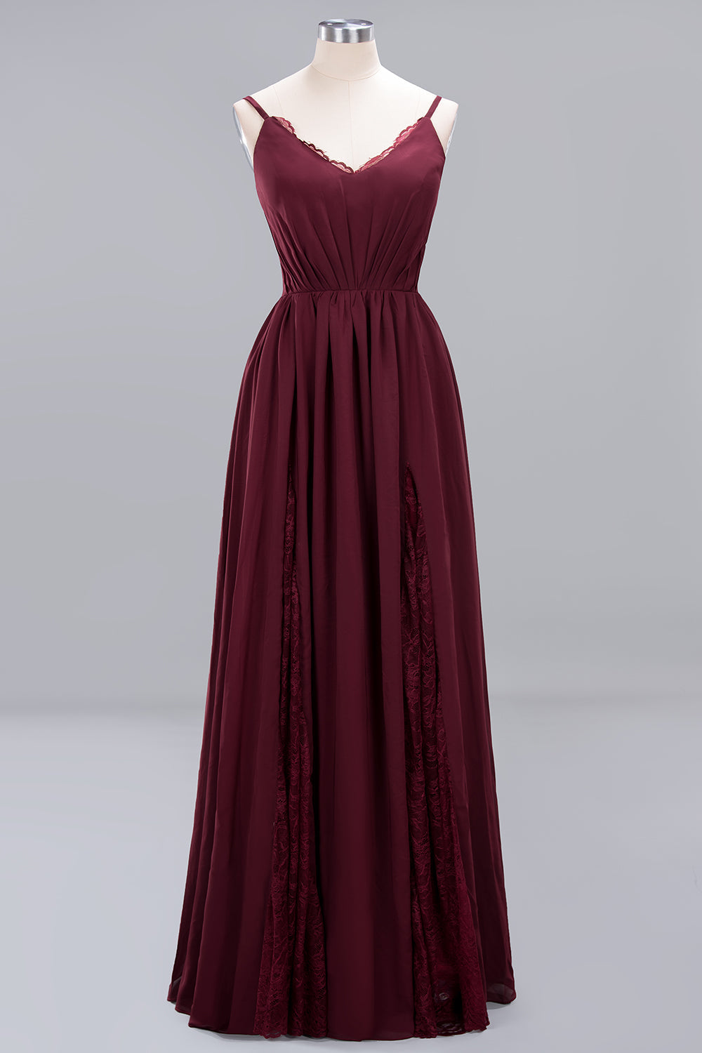 Elegant Spaghetti Straps Long Bridesmaid Dress Lace V-Neck Maid of Honor Dress-27dress
