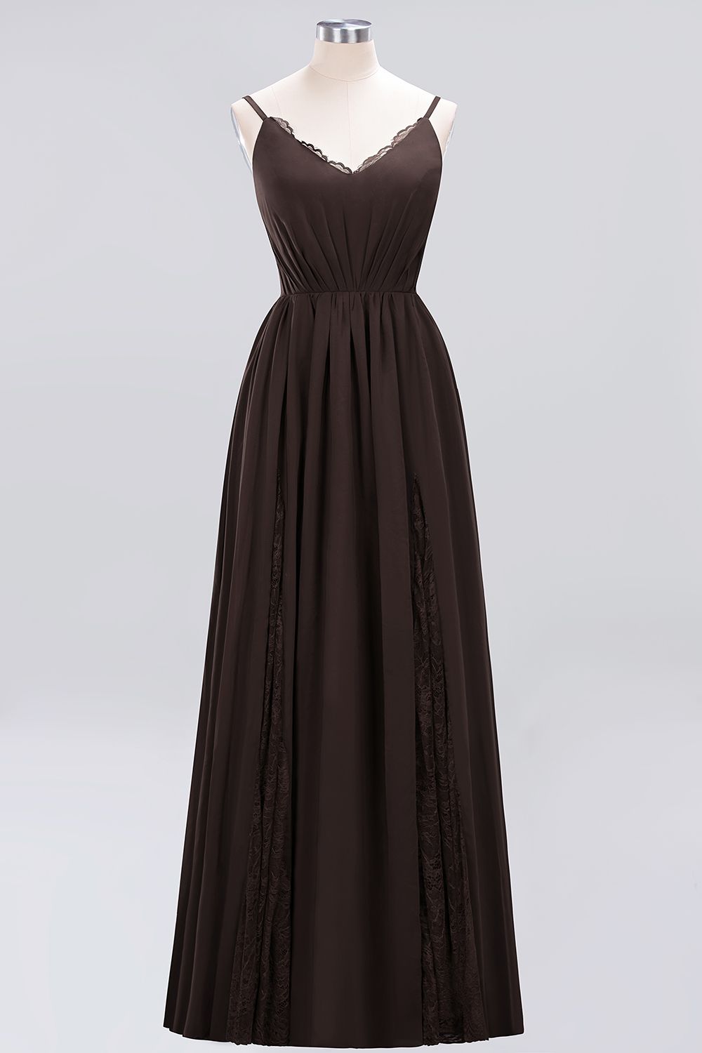 Elegant Spaghetti Straps Long Bridesmaid Dress Lace V-Neck Maid of Honor Dress-27dress