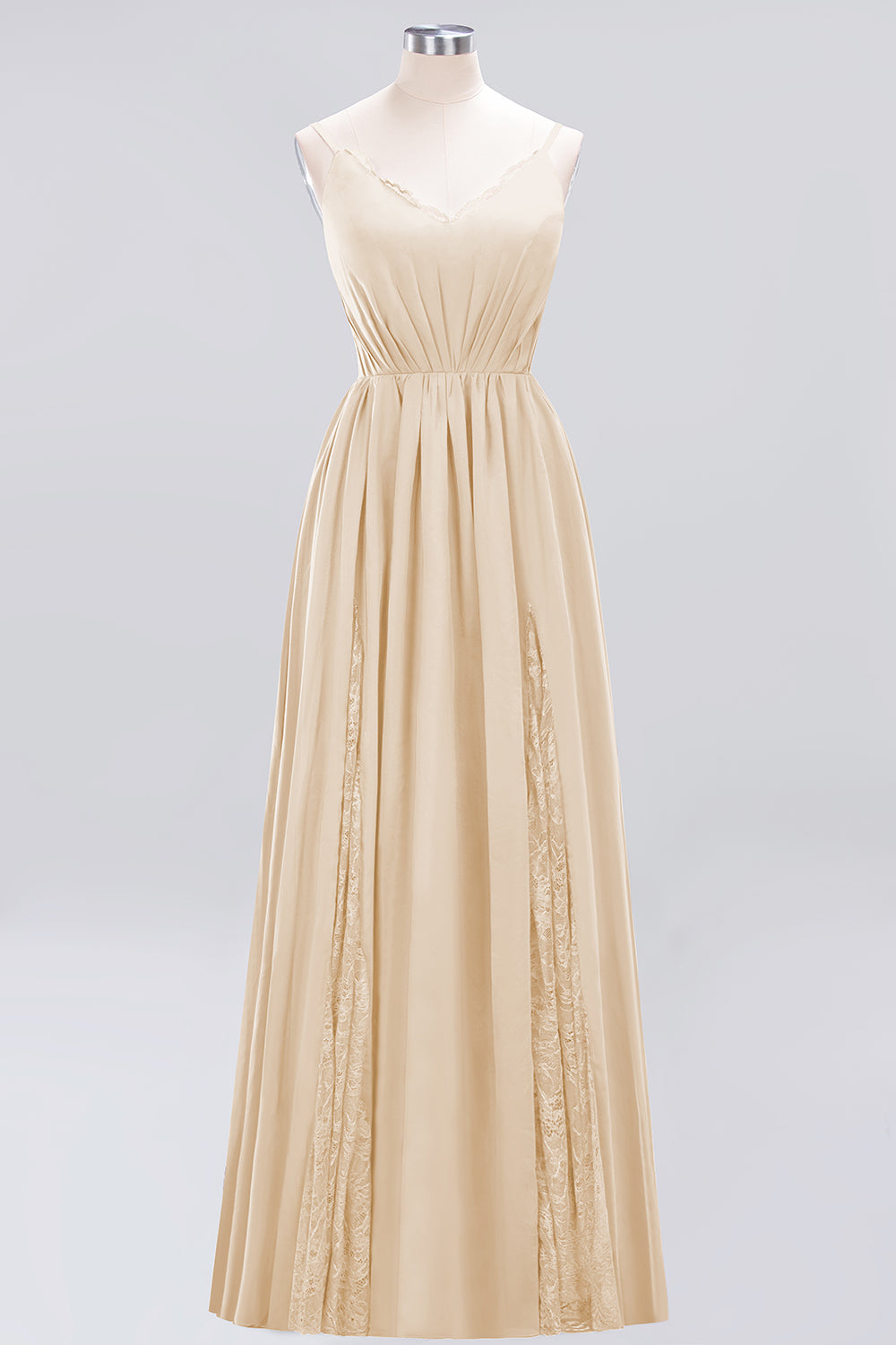 Elegant Spaghetti Straps Long Bridesmaid Dress Lace V-Neck Maid of Honor Dress-27dress