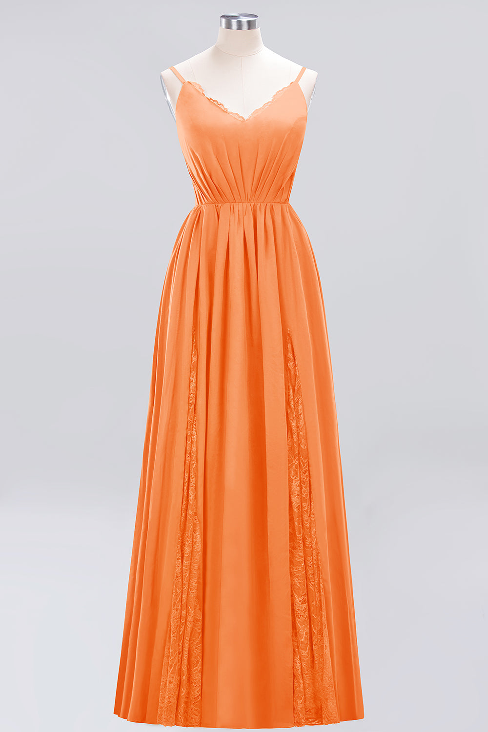 Elegant Spaghetti Straps Long Bridesmaid Dress Lace V-Neck Maid of Honor Dress-27dress