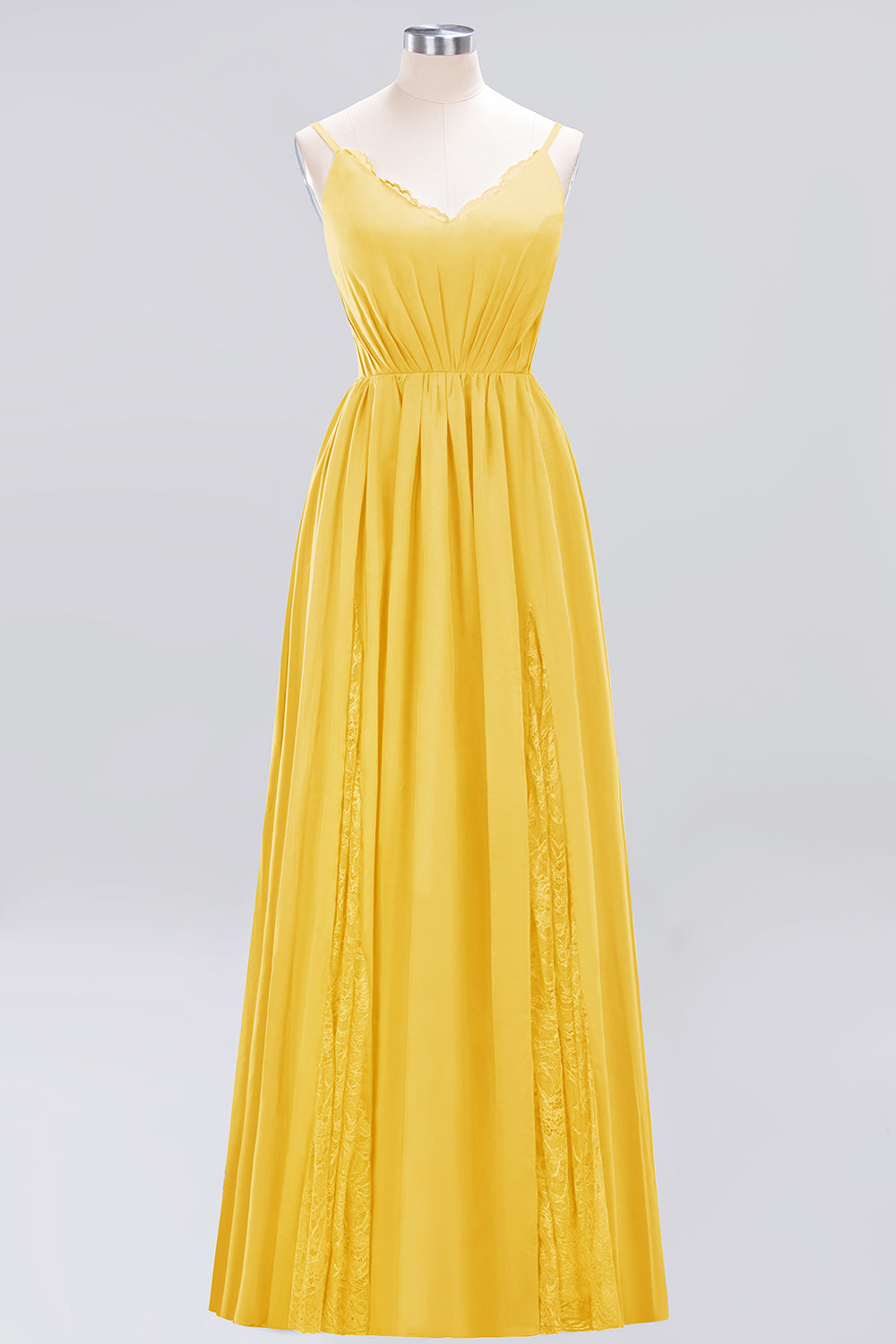Elegant Spaghetti Straps Long Bridesmaid Dress Lace V-Neck Maid of Honor Dress-27dress