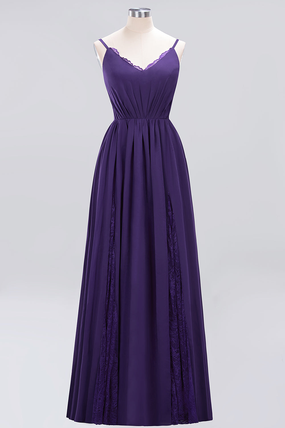 Elegant Spaghetti Straps Long Bridesmaid Dress Lace V-Neck Maid of Honor Dress-27dress