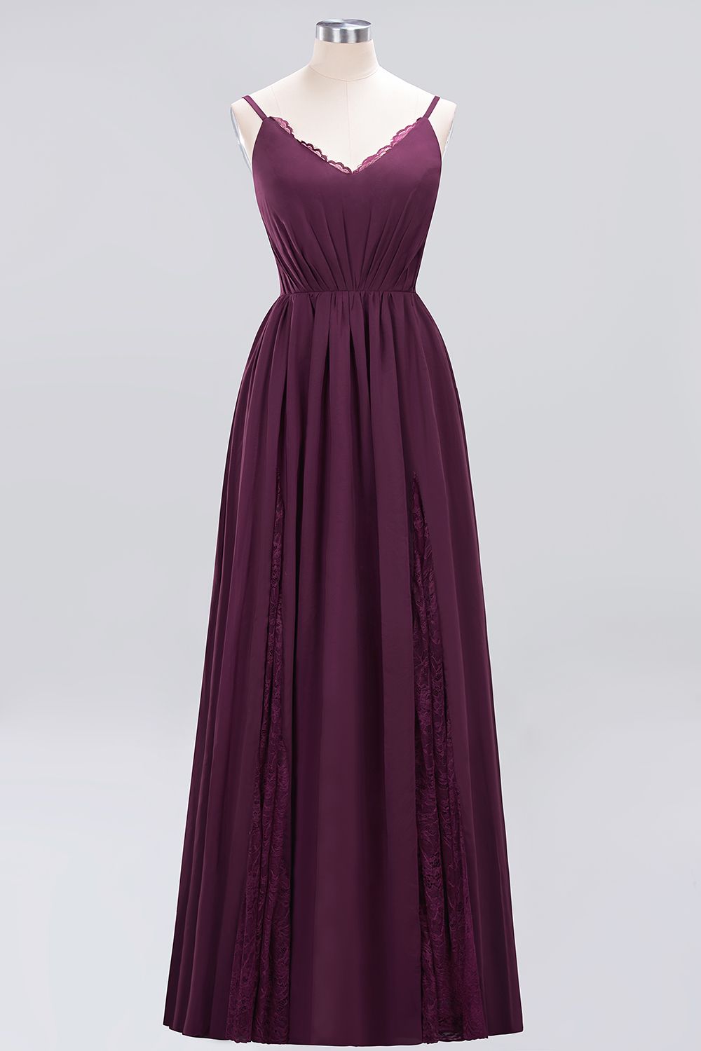 Elegant Spaghetti Straps Long Bridesmaid Dress Lace V-Neck Maid of Honor Dress-27dress