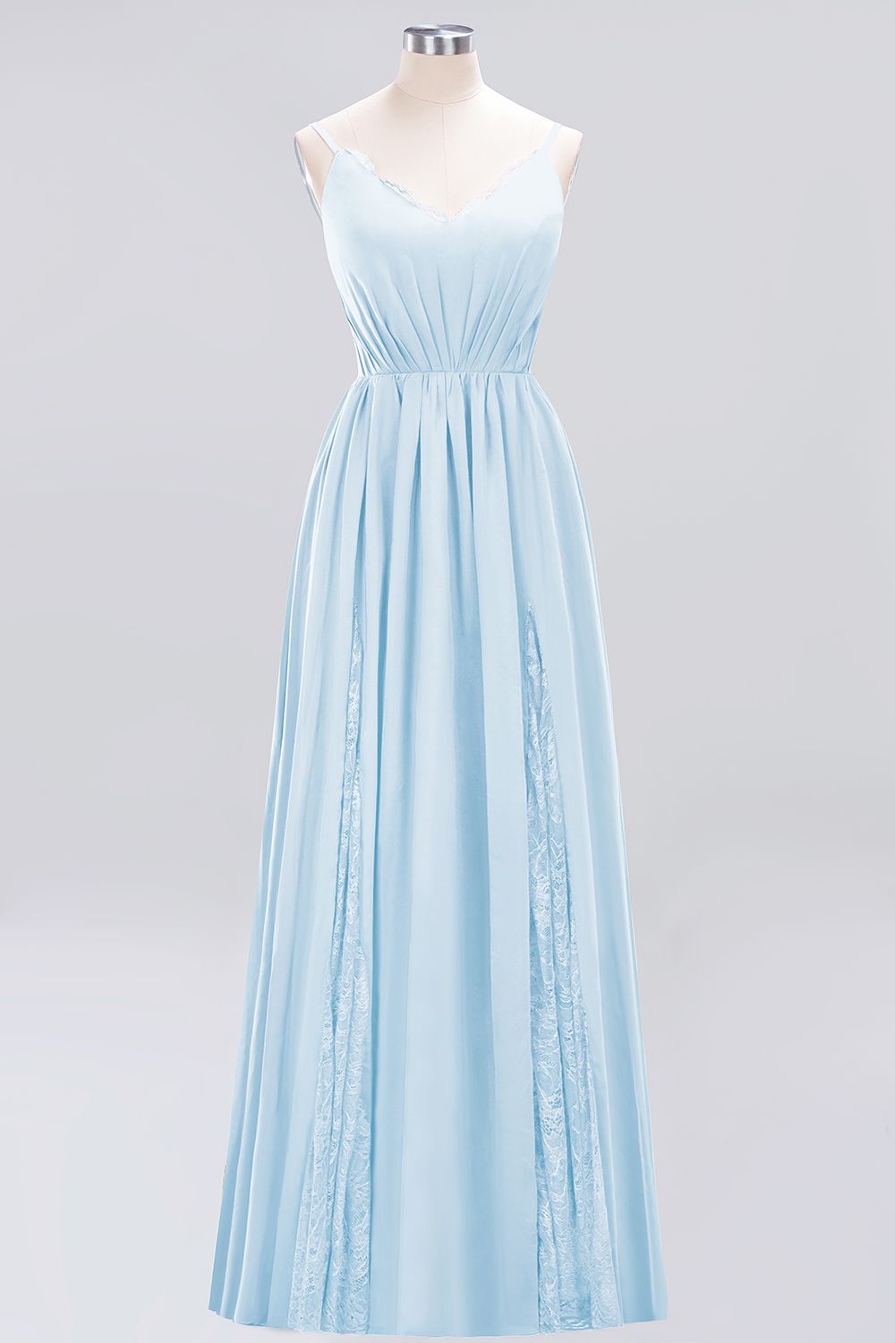 Elegant Spaghetti Straps Long Bridesmaid Dress Lace V-Neck Maid of Honor Dress-27dress