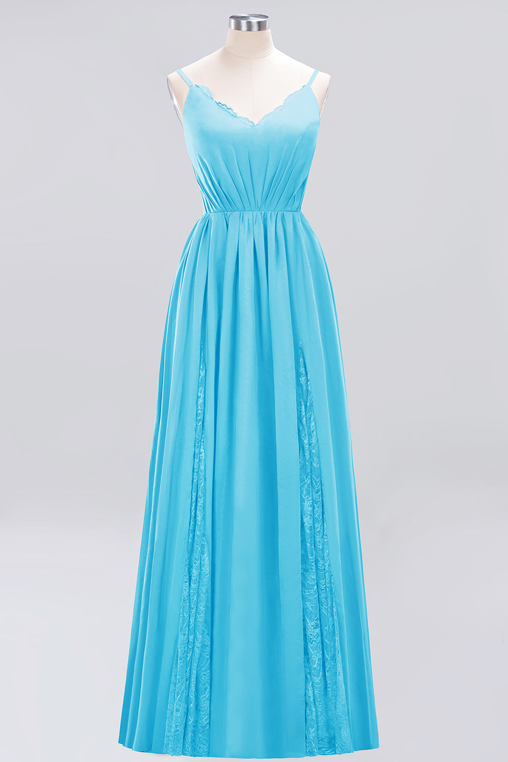 Elegant Spaghetti Straps Long Bridesmaid Dress Lace V-Neck Maid of Honor Dress-27dress