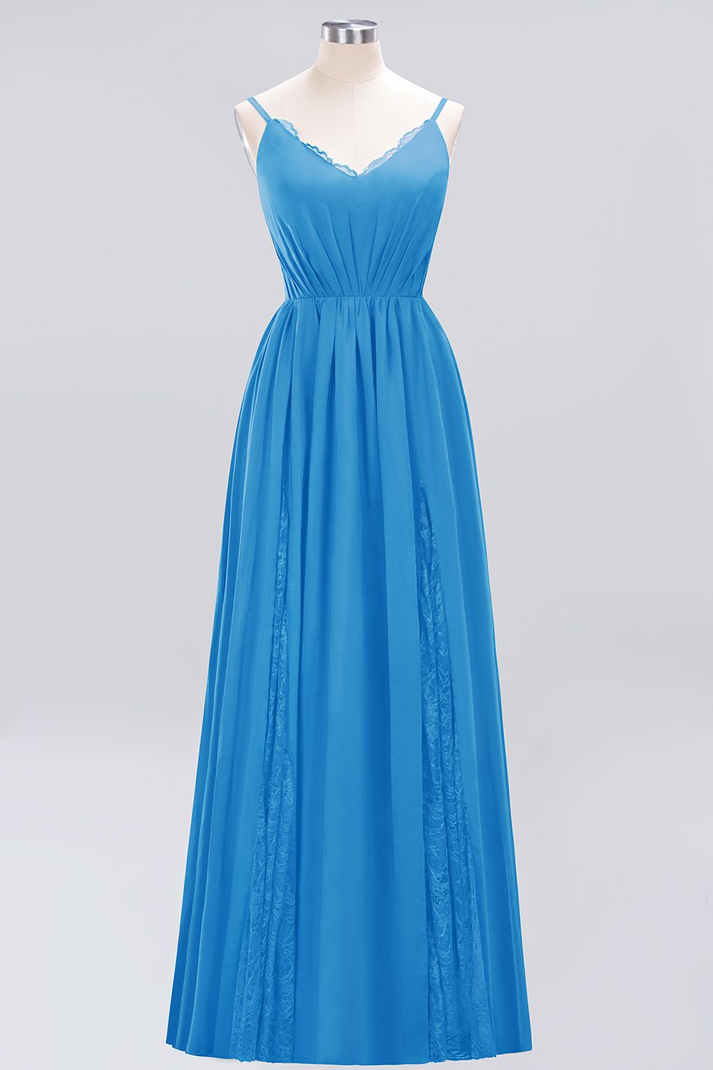 Elegant Spaghetti Straps Long Bridesmaid Dress Lace V-Neck Maid of Honor Dress-27dress
