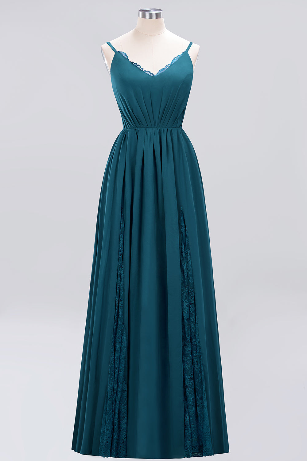 Elegant Spaghetti Straps Long Bridesmaid Dress Lace V-Neck Maid of Honor Dress-27dress