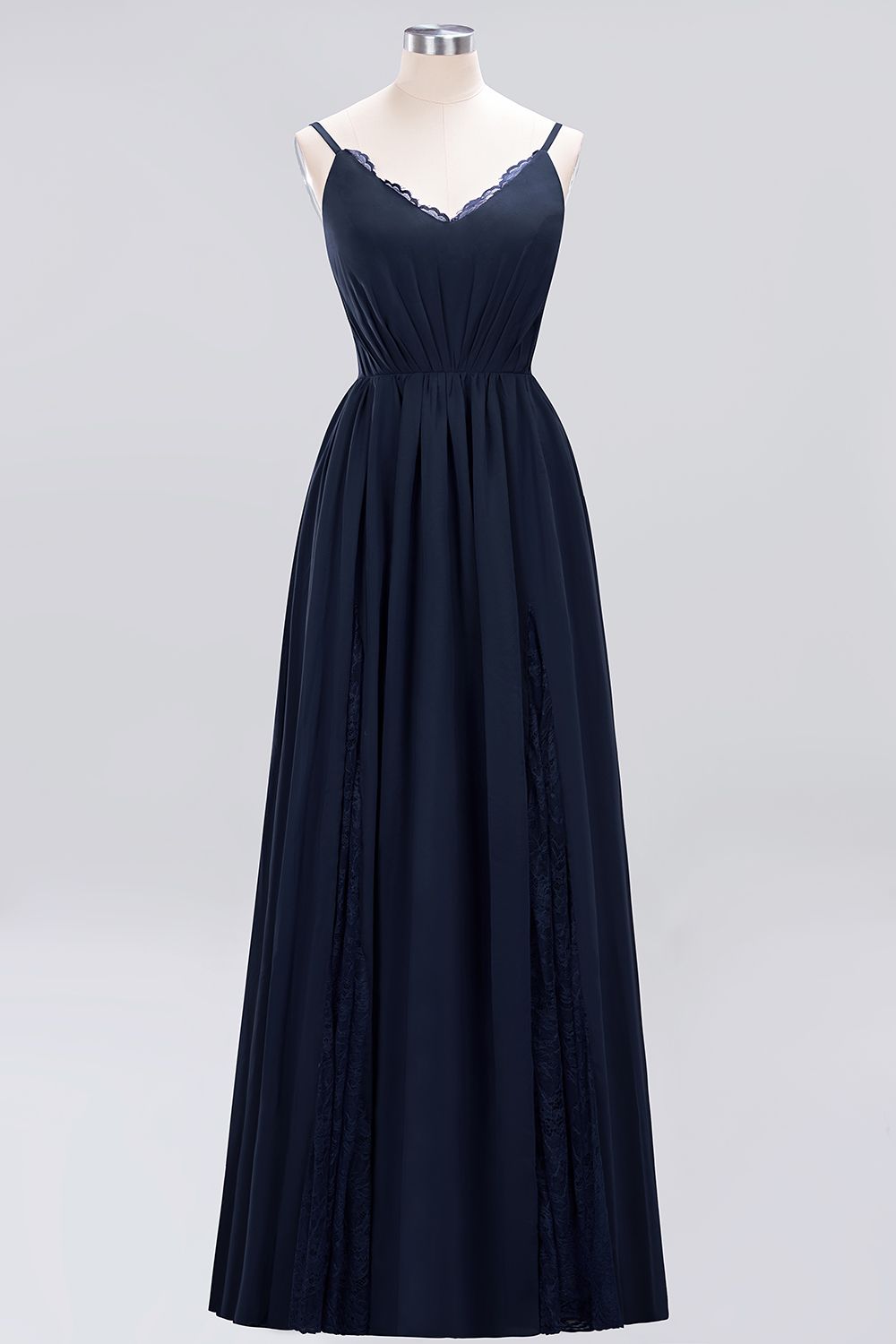 Elegant Spaghetti Straps Long Bridesmaid Dress Lace V-Neck Maid of Honor Dress-27dress