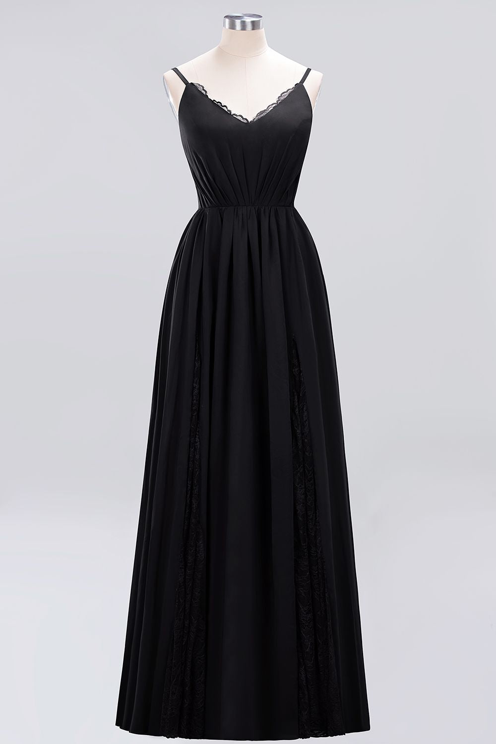 Elegant Spaghetti Straps Long Bridesmaid Dress Lace V-Neck Maid of Honor Dress-27dress
