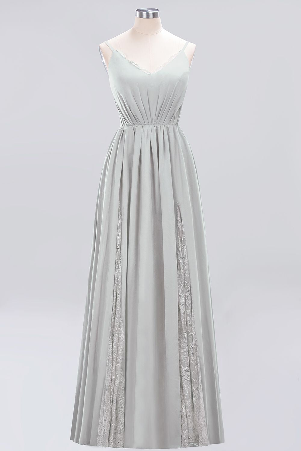 Elegant Spaghetti Straps Long Bridesmaid Dress Lace V-Neck Maid of Honor Dress-27dress