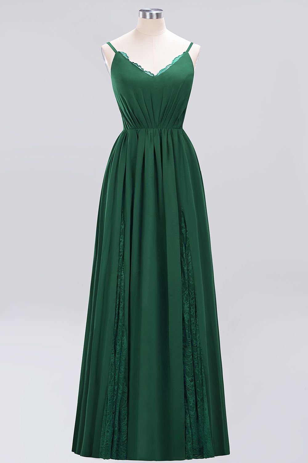 Elegant Spaghetti Straps Long Bridesmaid Dress Lace V-Neck Maid of Honor Dress-27dress
