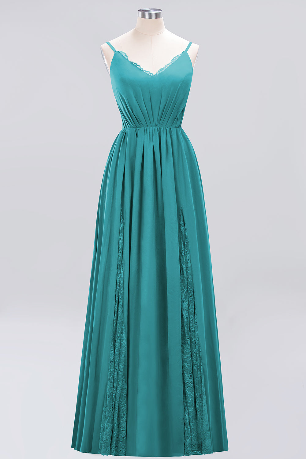 Elegant Spaghetti Straps Long Bridesmaid Dress Lace V-Neck Maid of Honor Dress-27dress