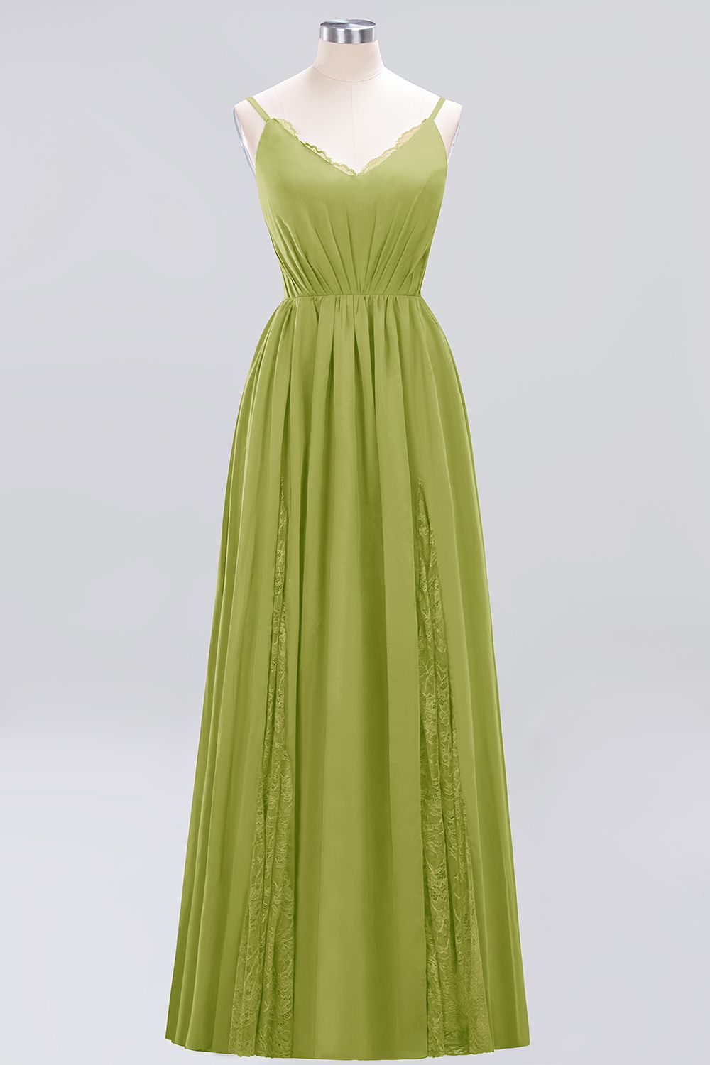 Elegant Spaghetti Straps Long Bridesmaid Dress Lace V-Neck Maid of Honor Dress-27dress