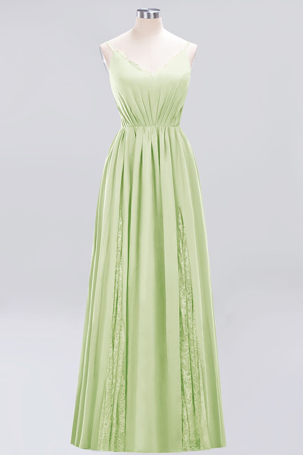Elegant Spaghetti Straps Long Bridesmaid Dress Lace V-Neck Maid of Honor Dress-27dress