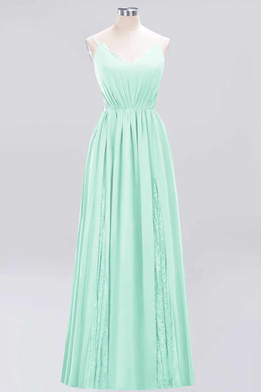 Elegant Spaghetti Straps Long Bridesmaid Dress Lace V-Neck Maid of Honor Dress-27dress