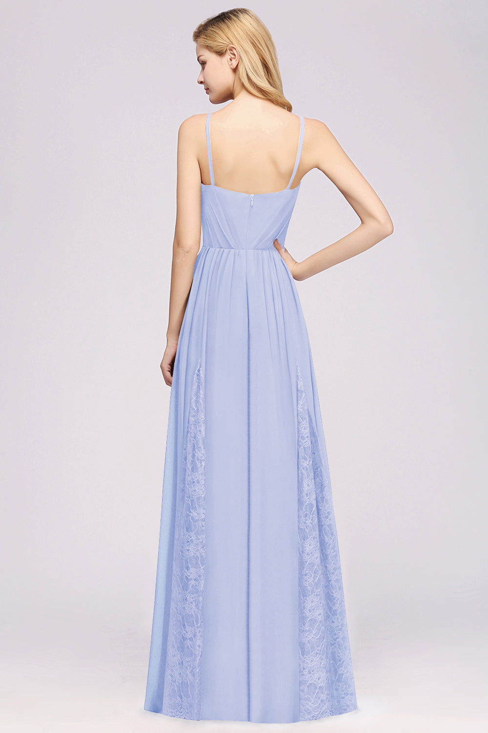 Elegant Spaghetti Straps Long Bridesmaid Dress Lace V-Neck Maid of Honor Dress-27dress