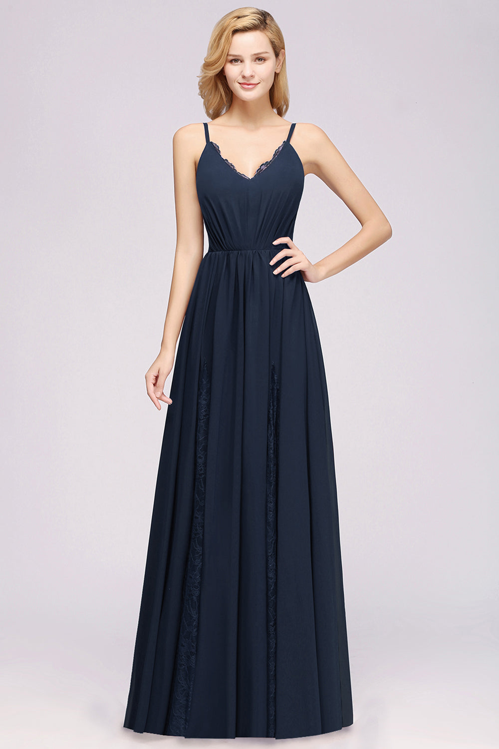 Elegant Spaghetti Straps Long Bridesmaid Dress Lace V-Neck Maid of Honor Dress-27dress