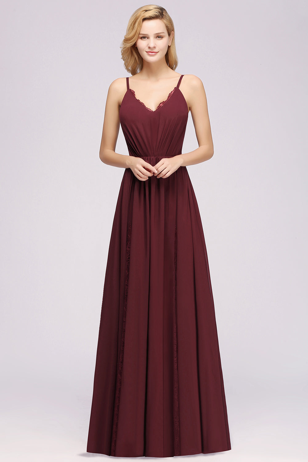 Elegant Spaghetti Straps Long Bridesmaid Dress Lace V-Neck Maid of Honor Dress-27dress