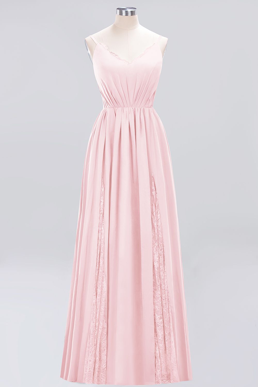Elegant Spaghetti Straps Long Bridesmaid Dress Lace V-Neck Maid of Honor Dress-27dress