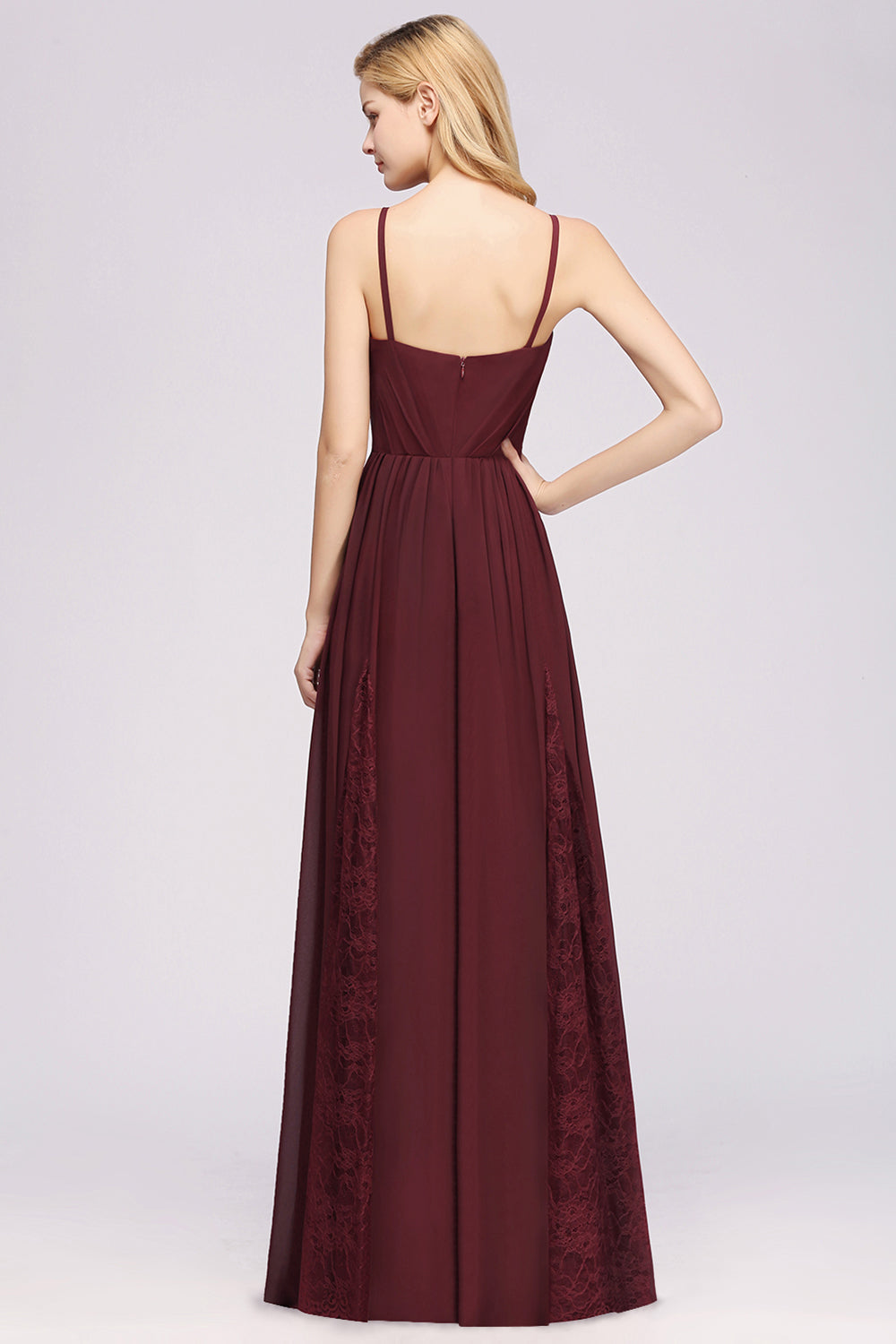 Elegant Spaghetti Straps Long Bridesmaid Dress Lace V-Neck Maid of Honor Dress-27dress