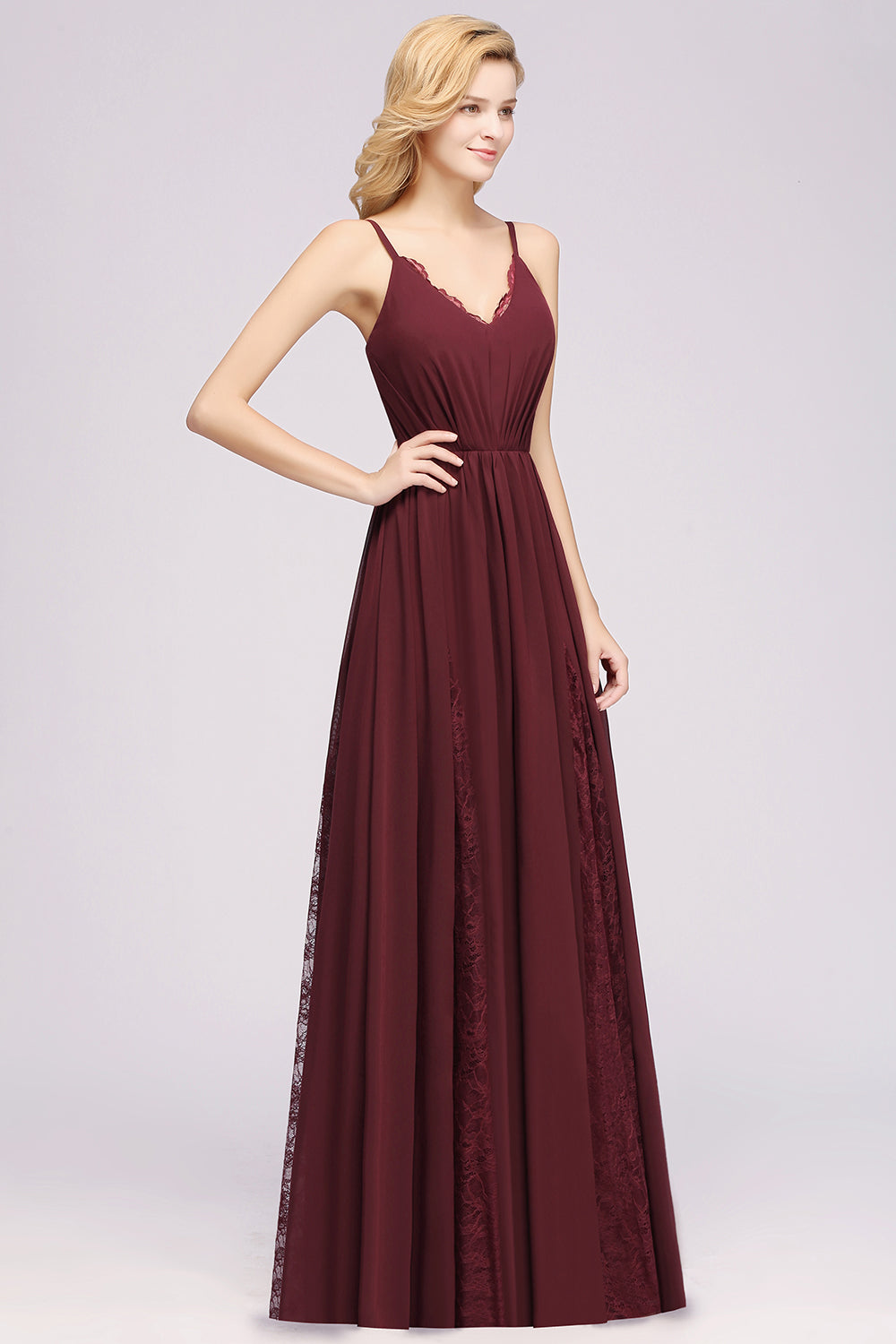 Elegant Spaghetti Straps Long Bridesmaid Dress Lace V-Neck Maid of Honor Dress-27dress