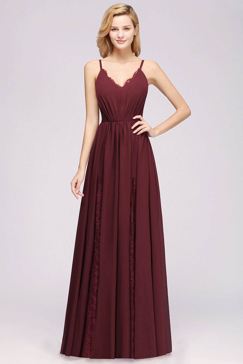 Elegant Spaghetti Straps Long Bridesmaid Dress Lace V-Neck Maid of Honor Dress-27dress