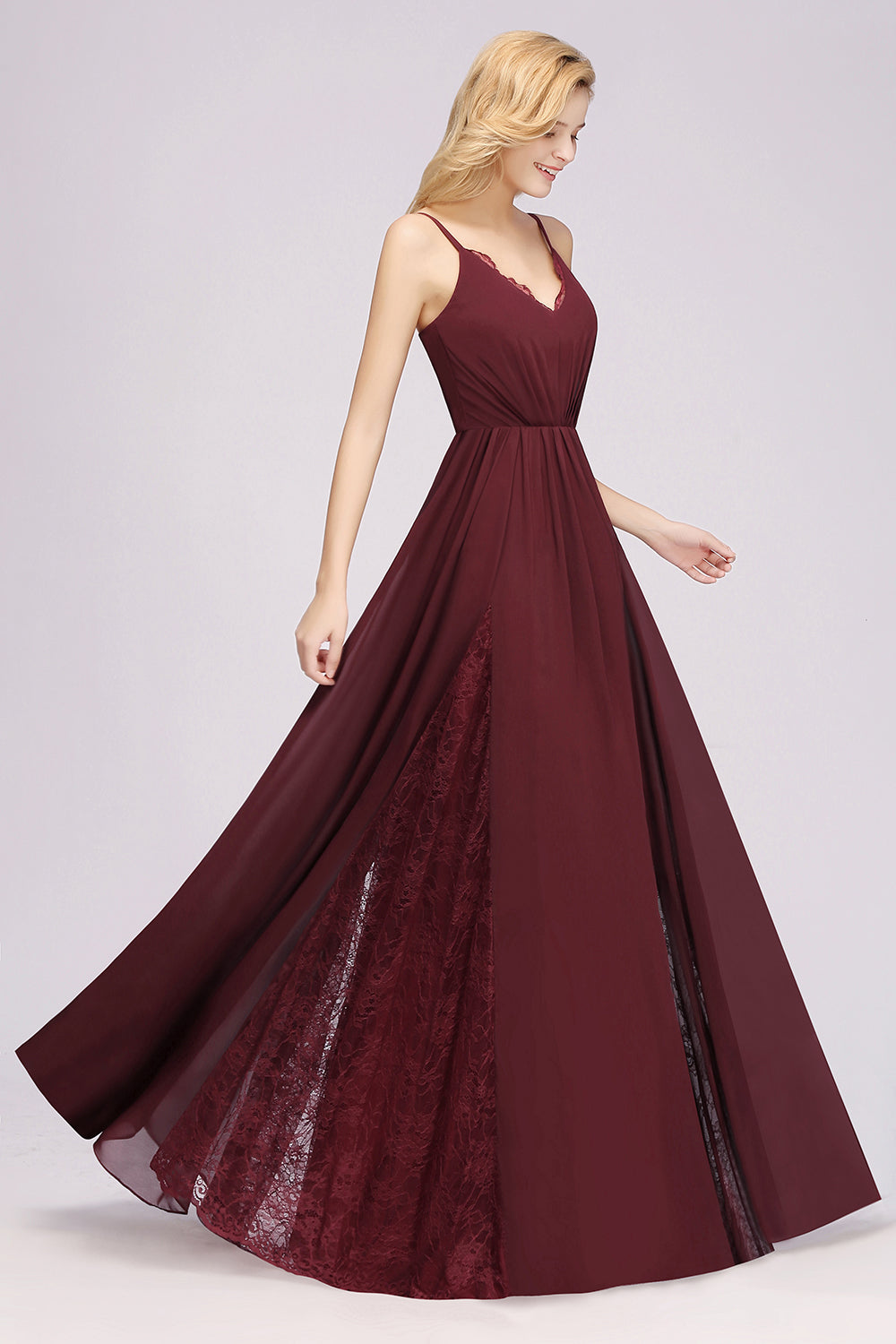 Elegant Spaghetti Straps Long Bridesmaid Dress Lace V-Neck Maid of Honor Dress-27dress
