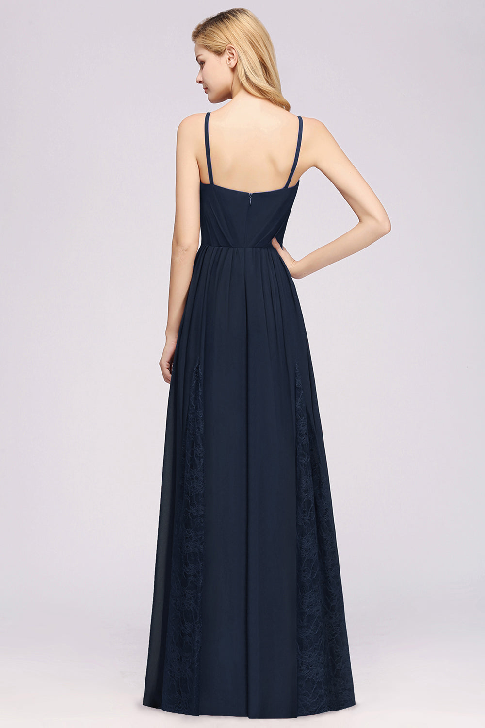 Elegant Spaghetti Straps Long Bridesmaid Dress Lace V-Neck Maid of Honor Dress-27dress