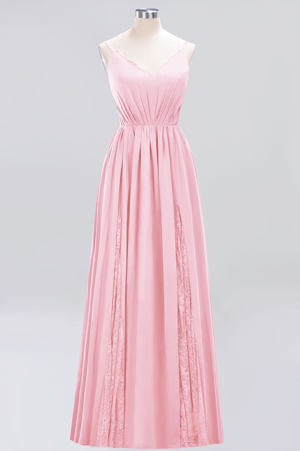 Elegant Spaghetti Straps Long Bridesmaid Dress Lace V-Neck Maid of Honor Dress-27dress