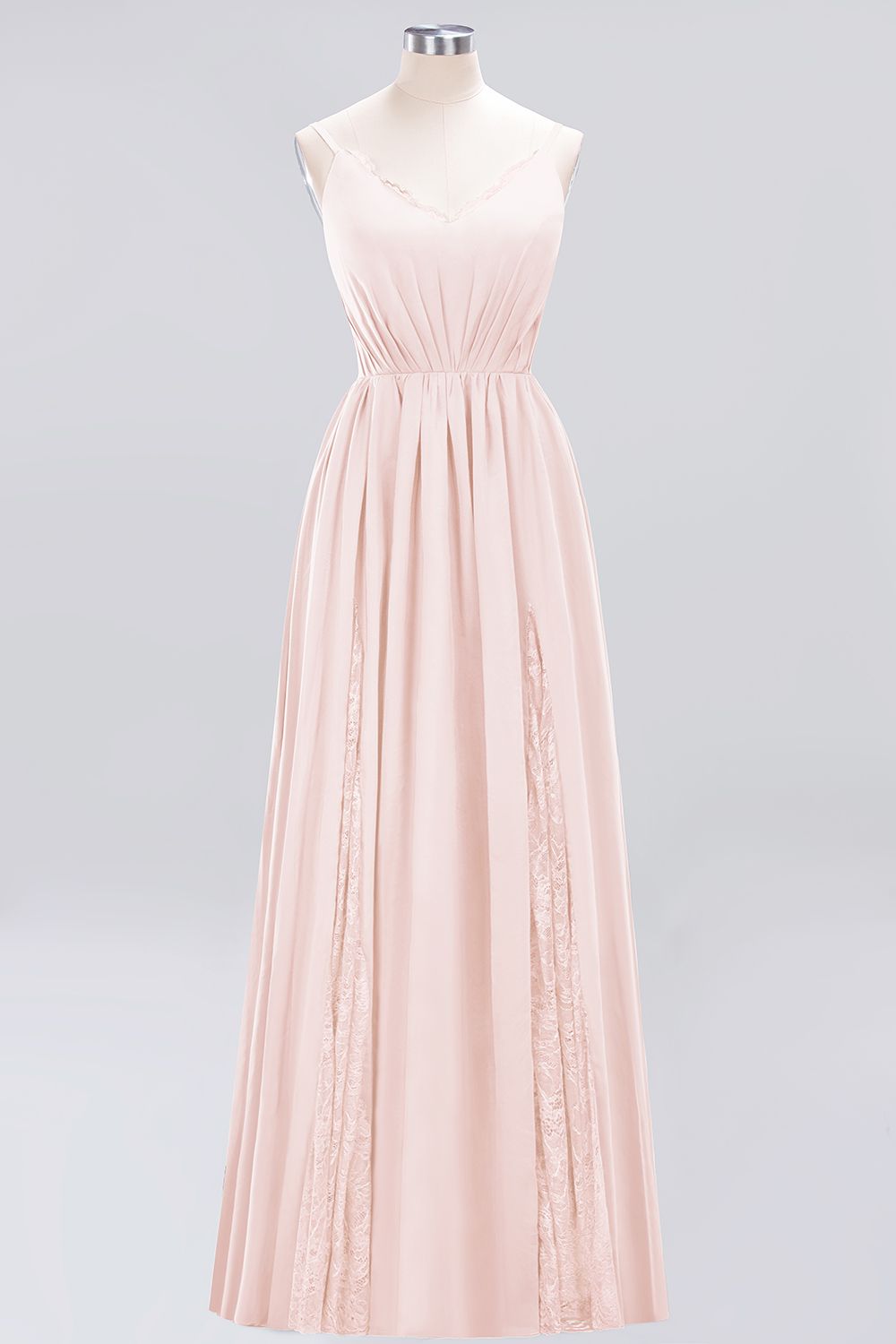 Elegant Spaghetti Straps Long Bridesmaid Dress Lace V-Neck Maid of Honor Dress-27dress
