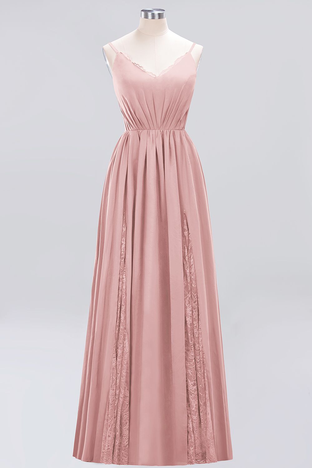Elegant Spaghetti Straps Long Bridesmaid Dress Lace V-Neck Maid of Honor Dress-27dress