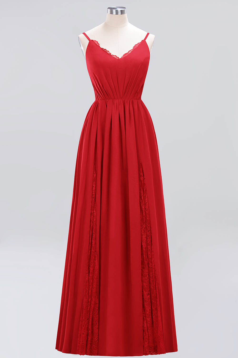 Elegant Spaghetti Straps Long Bridesmaid Dress Lace V-Neck Maid of Honor Dress-27dress