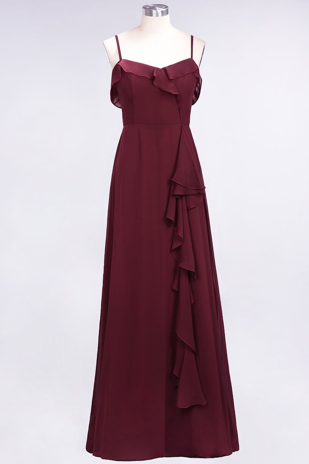 Elegant Spaghetti Straps Ruffle Burgundy Chiffon Dresses Affordable-27dress