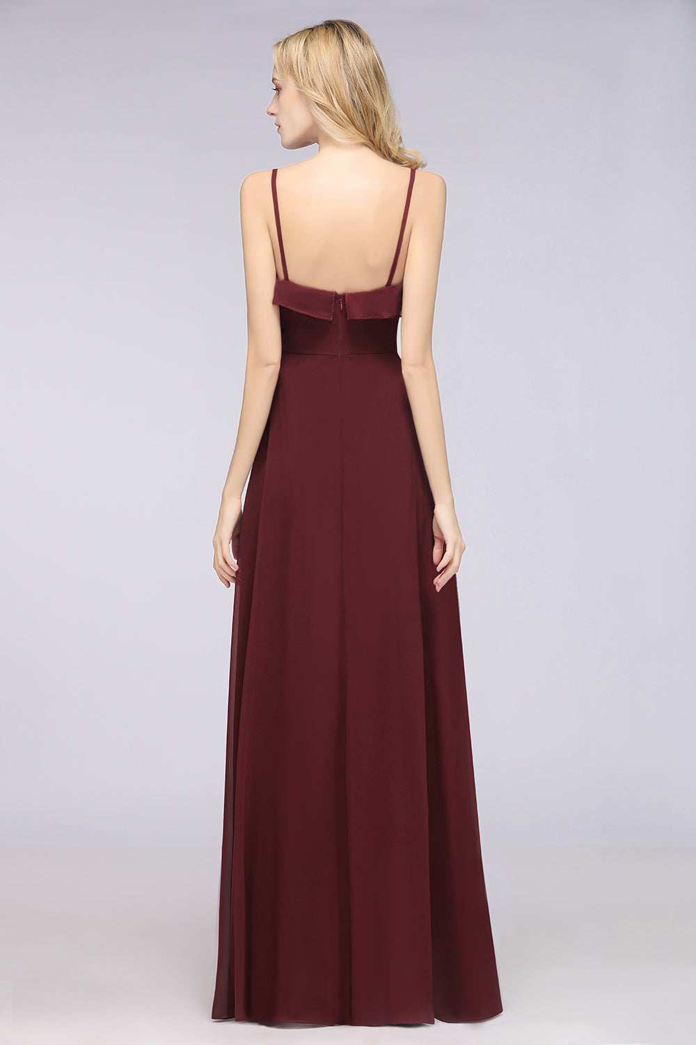 Elegant Spaghetti Straps Ruffle Burgundy Chiffon Dresses Affordable-27dress