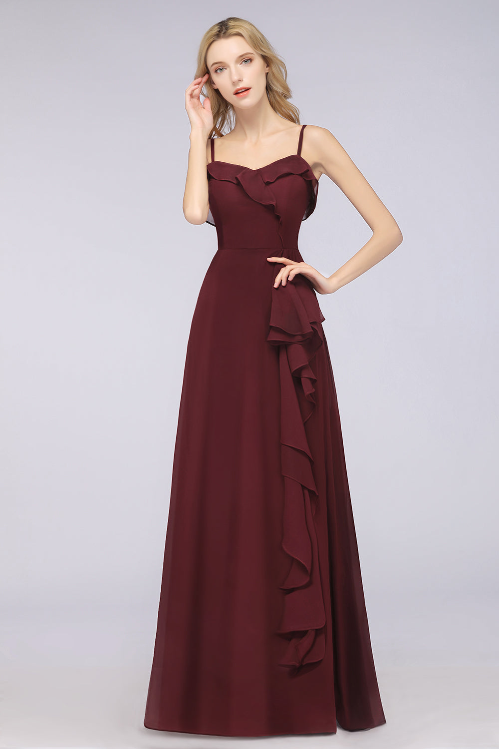 Elegant Spaghetti Straps Ruffle Burgundy Chiffon Dresses Affordable-27dress