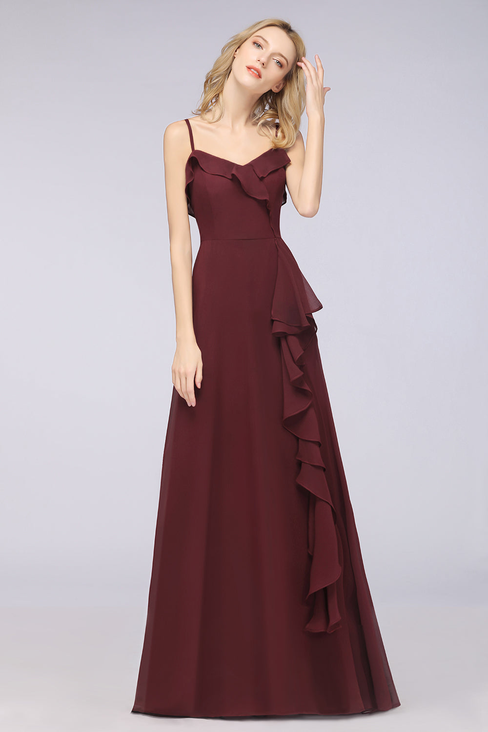 Elegant Spaghetti Straps Ruffle Burgundy Chiffon Dresses Affordable-27dress