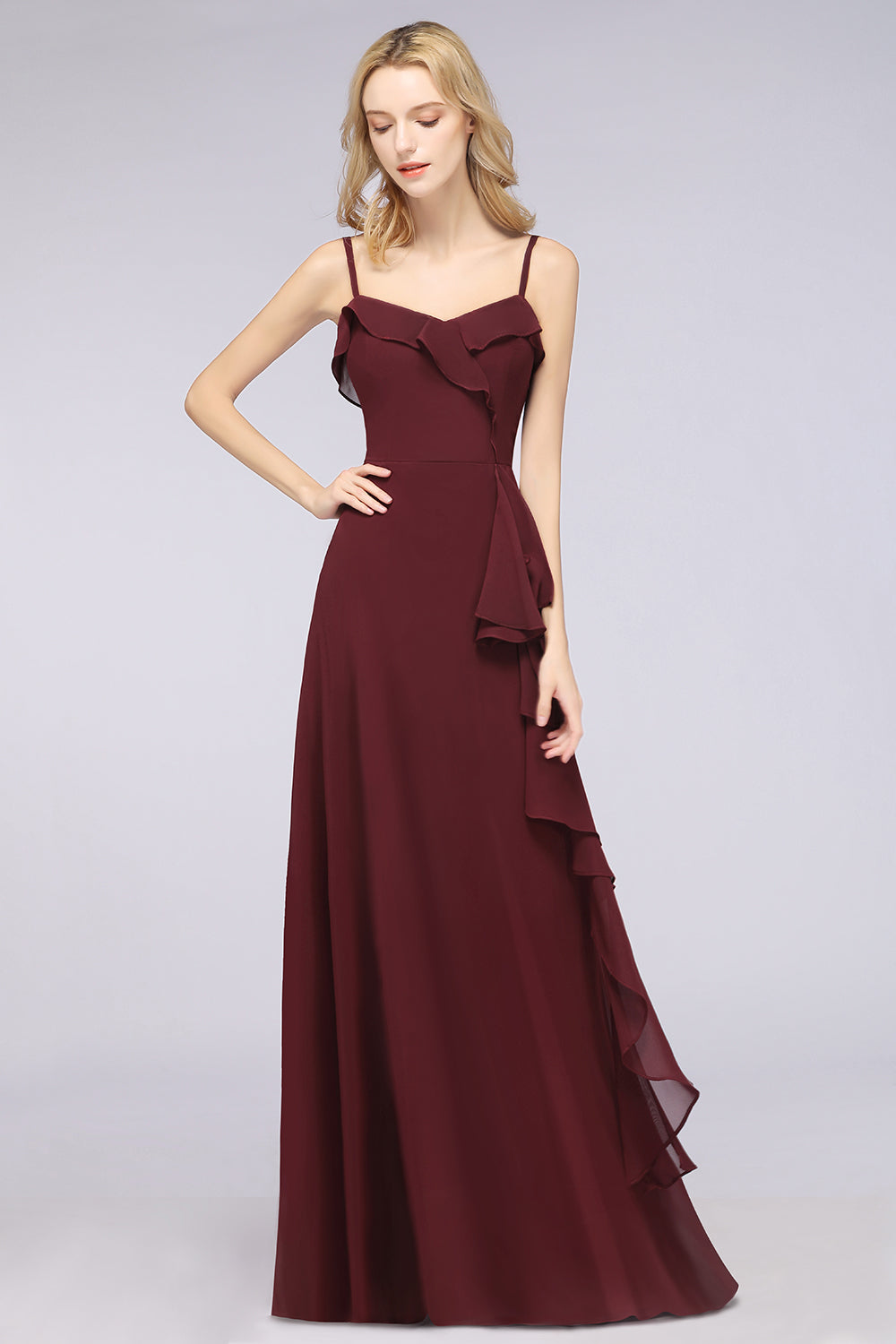 Elegant Spaghetti Straps Ruffle Burgundy Chiffon Dresses Affordable-27dress