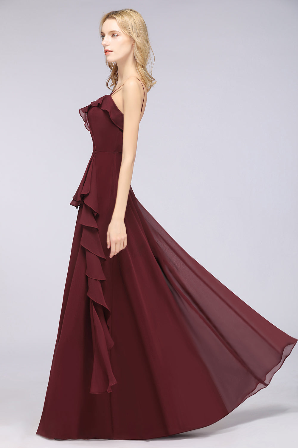 Elegant Spaghetti Straps Ruffle Burgundy Chiffon Dresses Affordable-27dress