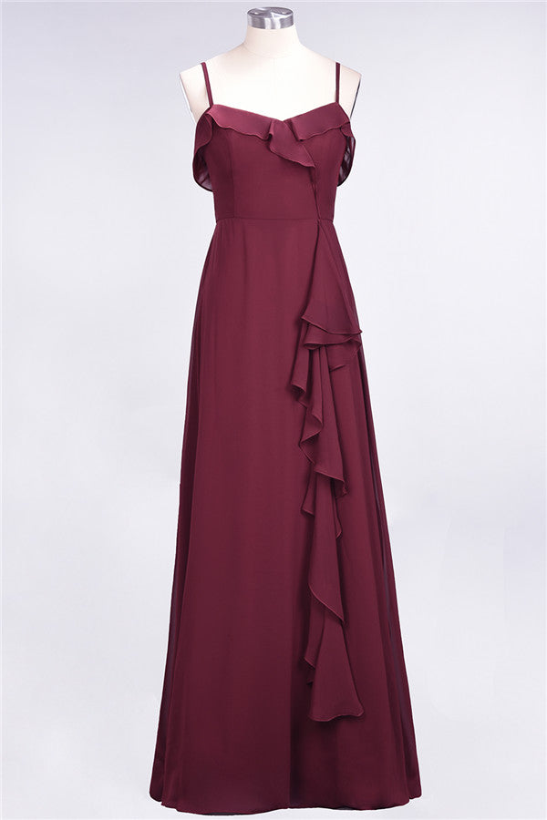 Elegant Spaghetti Straps Ruffle Burgundy Chiffon Dresses Affordable-27dress