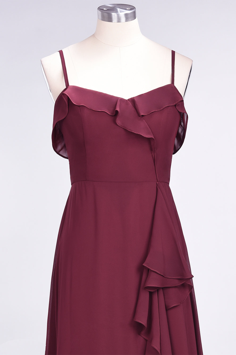 Elegant Spaghetti Straps Ruffle Burgundy Chiffon Dresses Affordable-27dress