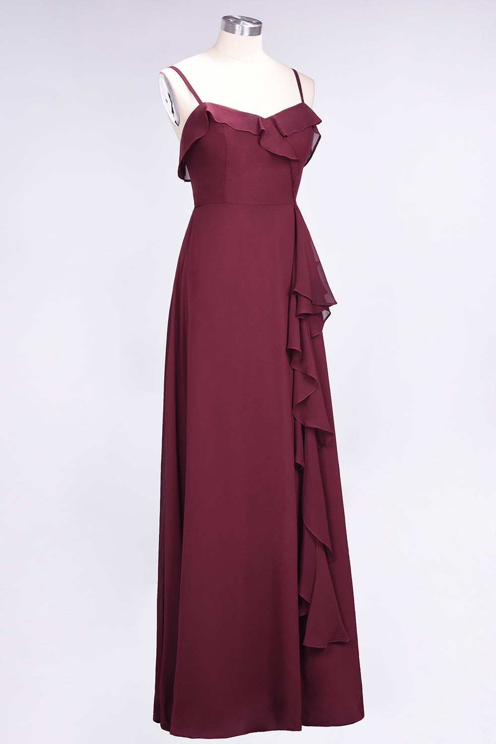 Elegant Spaghetti Straps Ruffle Burgundy Chiffon Dresses Affordable-27dress
