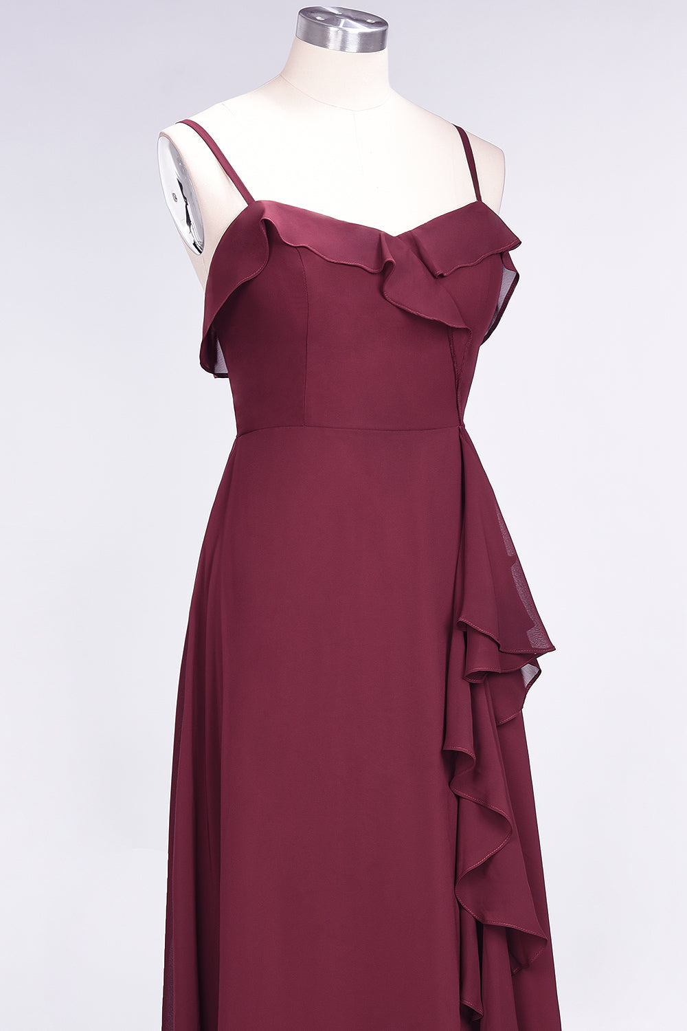 Elegant Spaghetti Straps Ruffle Burgundy Chiffon Dresses Affordable-27dress
