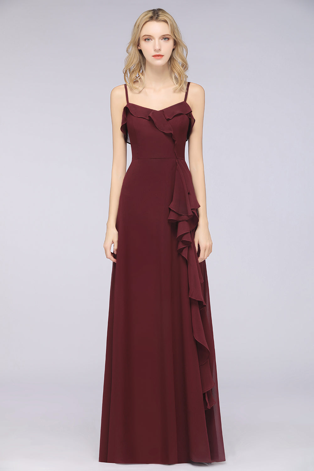 Elegant Spaghetti Straps Ruffle Burgundy Chiffon Dresses Affordable-27dress