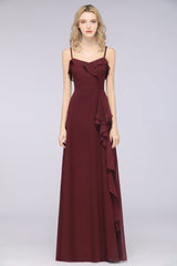 Elegant Spaghetti Straps Ruffle Burgundy Chiffon Dresses Affordable-27dress