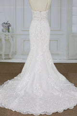 Elegant Spaghetti Straps Sleeveless Mermaid Wedding Dresses Appliques Lace White Bridal Gowns On Sale-27dress