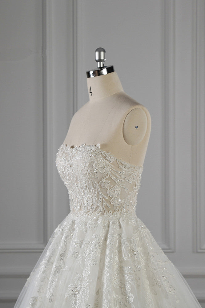 Elegant Strapless White Lace Wedding Dress Sleeveless Appliques Ruffle Bridal Gowns Online-27dress